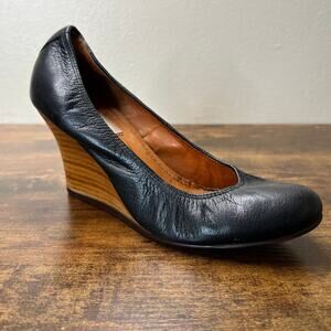 Vintage Lanvin Wooden Wedge Heels 5-5.5 Womens Black Leather Slip On Scrunched